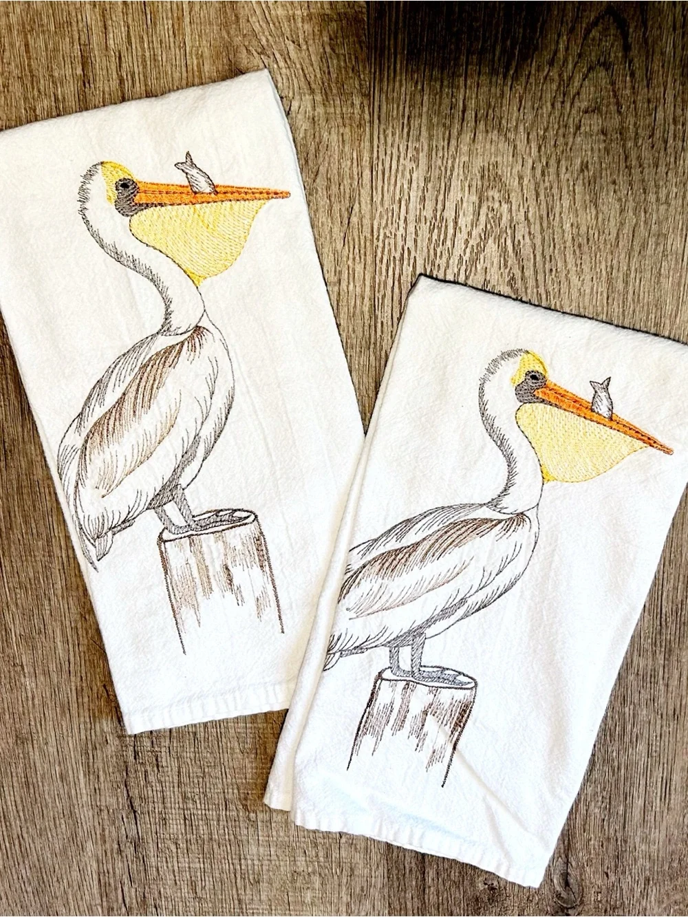 Two White Pelican Embroidered Coastal Kitchen Towels - Set of 2